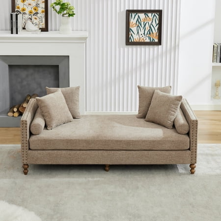 FFZ Upholstered Chaise Lounge with Nailhead Accents and Chenille Fabric, Taupe