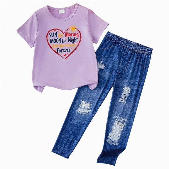 mgoYE Tween Girl Clothes Short Sleeve Top Ripped Jeans 2 Pieces Spring Summer Outfit Set(Light Purple,6-7 Years)