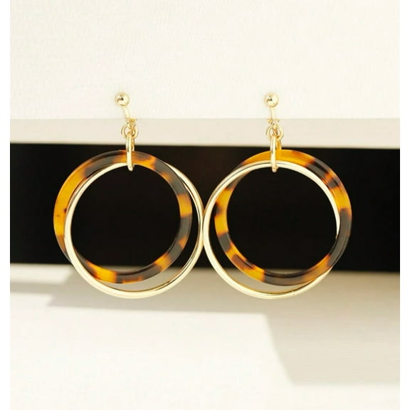 Clip on 2 1/4" gold screw back dangle brown shell hoop earrings