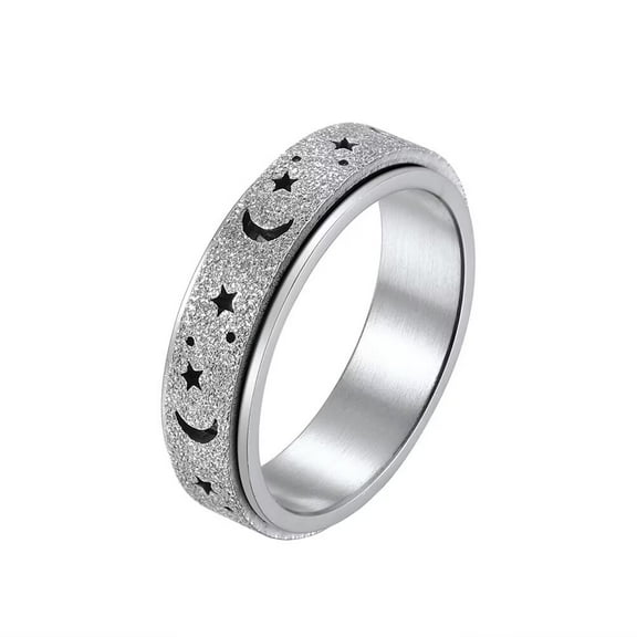 PAURO Women's & Men's Stainless Steel Sandblast Finish Hollow Star Moon Fidget Relax Rotatable Worry Ring Silver Size 6