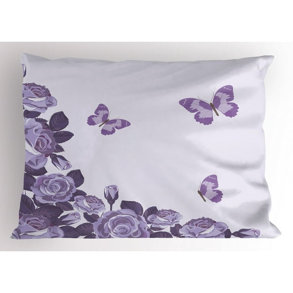 Ambesonne Lilac Pillow Sham, Bridal Roses Butterflies, 26" X 20", Lilac and Violet