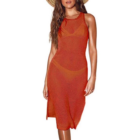 Bsubseach Sexy See Through Swim Cover Ups for Women Hollow Out Crochet Side Split Beach Wear Dress