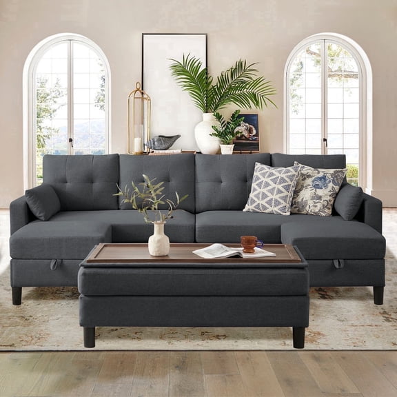 Soscana 101" Sectional Sofa with 3 Storage Ottoman,4 Seat U Shaped Couch with Side Pockets, Modern Linen Sofa Bed with Coffee Table Ottoman for Living Room Apartment Office Studio,Tool Free Assemble
