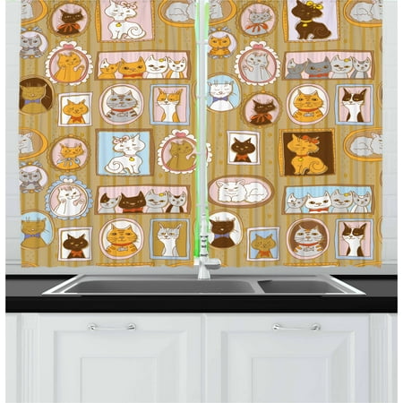 Cat Curtains 2 Panels Set, Family Tree of A Kitty with Portraits Domestic Feline Characters Gallery Humor Design, Window Drapes for Living Room Bedroom, 55W X 39L Inches, Multicolor, by