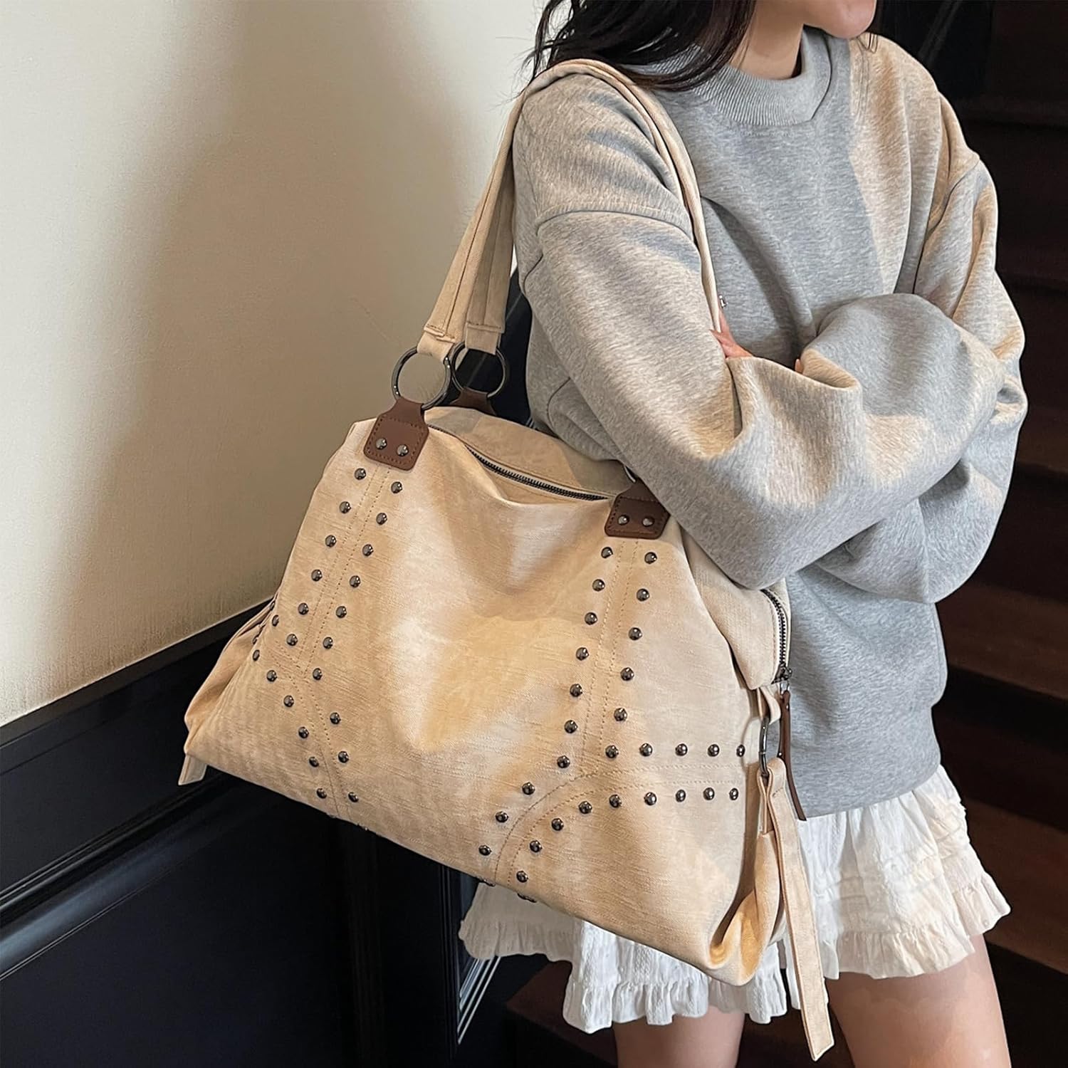 SPEKSEE Studded Purse Trendy Faux Leather Studded Tote Handbag Top-Handle Hobo Bags Y2K Shoulder Bag Punk Purse for Women