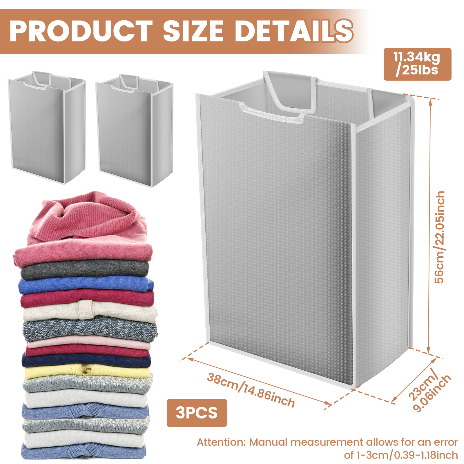 HKJUNFEI 3Pcs  Laundry Hamper Cart Large Capacity Replacement Bags High Load Bearing Capacity Removable Replacement Bag 15 x 9 x 22 Inch