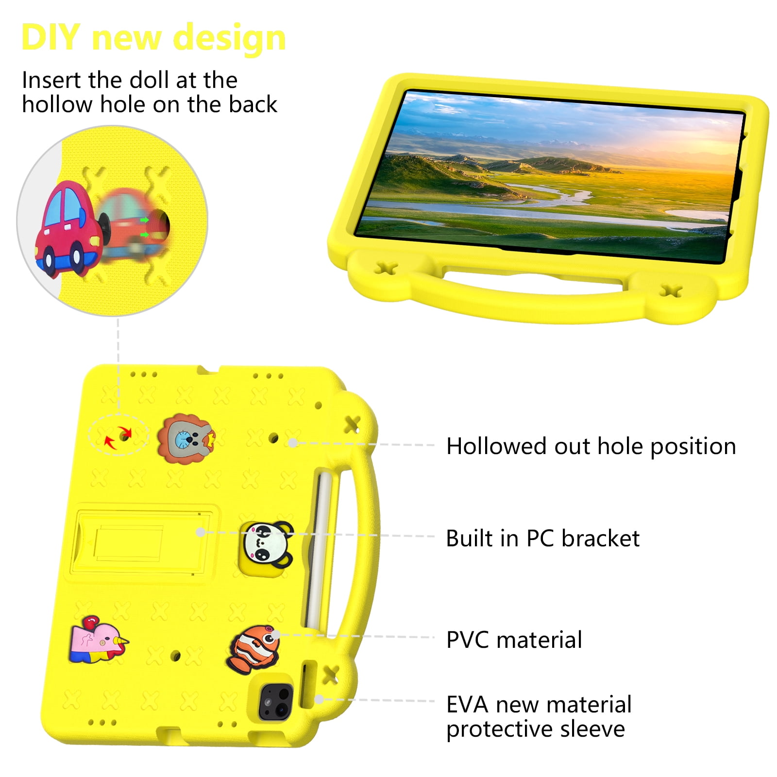 Nalacover Cartoon Handle Case for Apple iPad Air 11 inch 2024 Case, EVA Foam Cute Pattern with Pencil Holder Kickstand Cute Shockproof PC Case for iPad Pro 11 inch 2024, Yellow