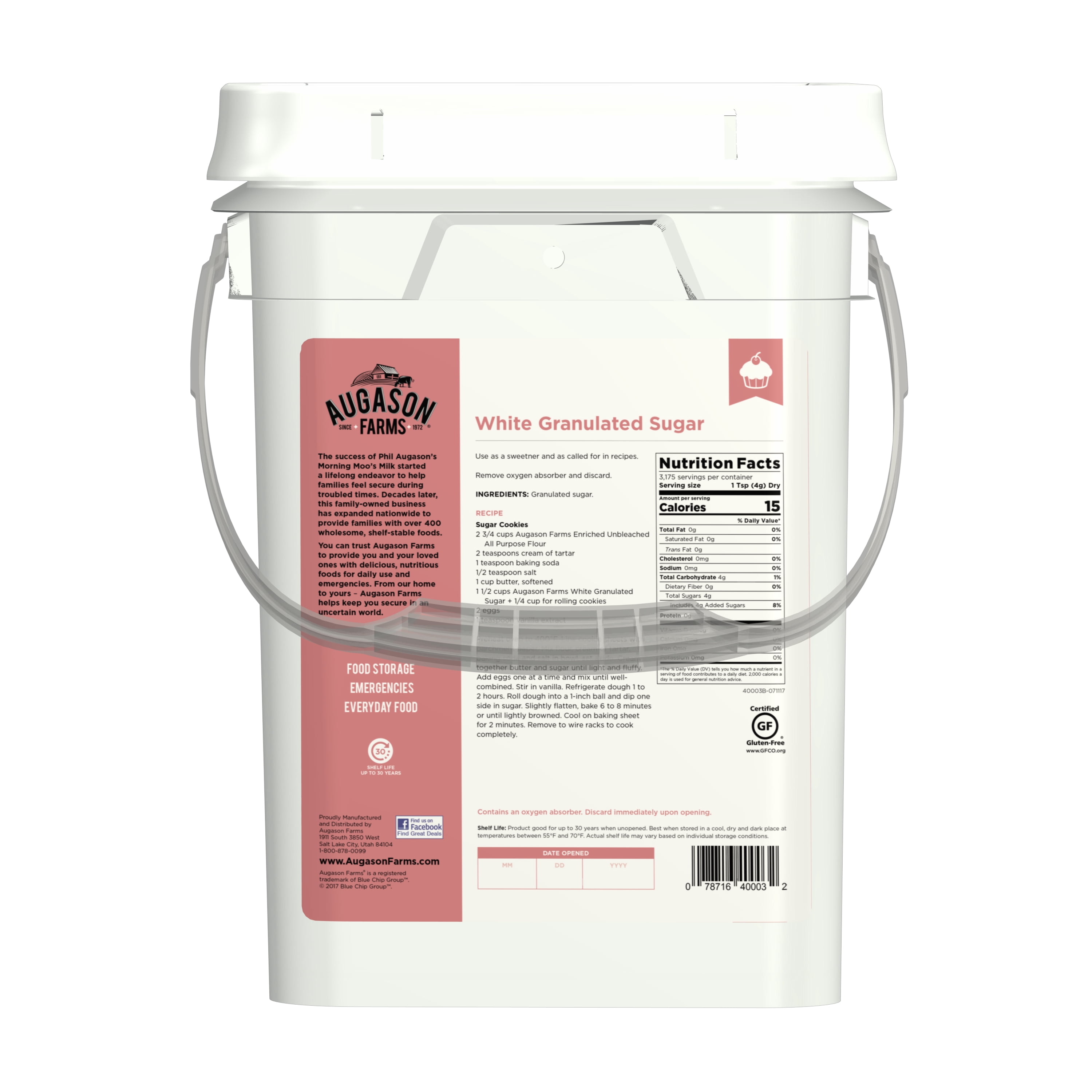 Augason Farms White Granulated Sugar 28 Pound Pail