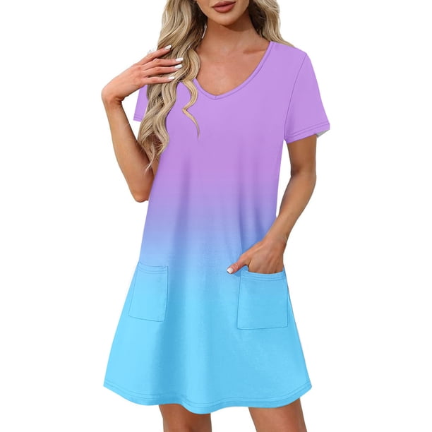Vestido Corto de Verano Moda Gradiente Corto de Manga en V Cuello Vestido Casual, Poliéster Ligero de Verano, Lavado de Manos
