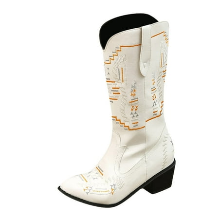 

Fashion Autumn And Winter Women s Mid Boots Chunky Heel Low Heel Pointed Toe Embroidered Casual Style