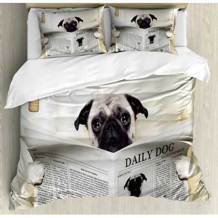 Pug Duvet Cover Set Puppy Reading The Newspaper On The Toilet