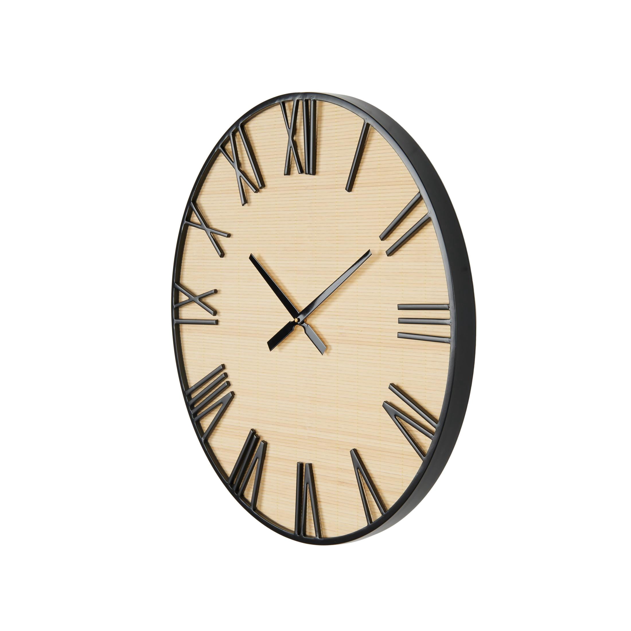DecMode 28" Light Brown Wooden Wall Clock with Black Metal Numbers and Frame