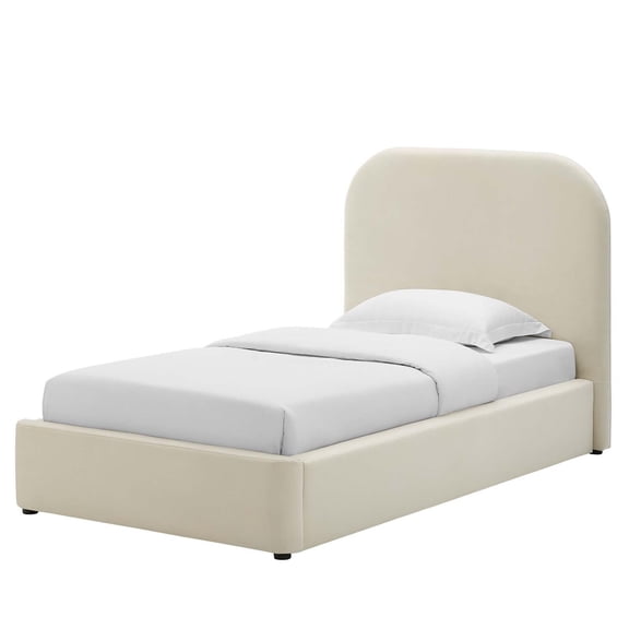 Platform Bed Frame, Twin Size, White, Velvet, Bedroom, Modern Contemporary Boutique HB36799