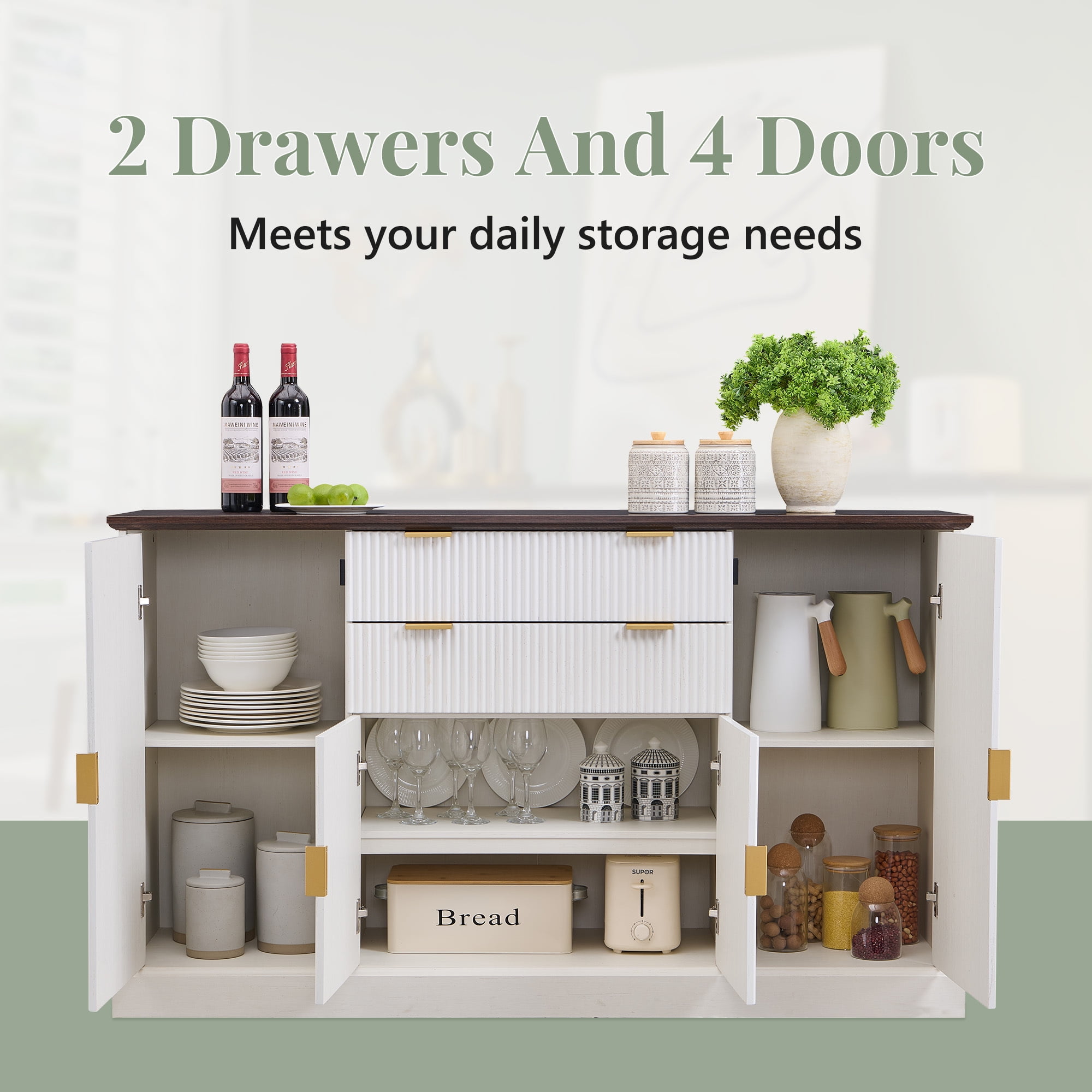 SinCiDo Farmhouse Fluted Buffet Cabinet with Storage, Kitchen Sideboard Cabinet with Adjustable Shelves for Dining Room