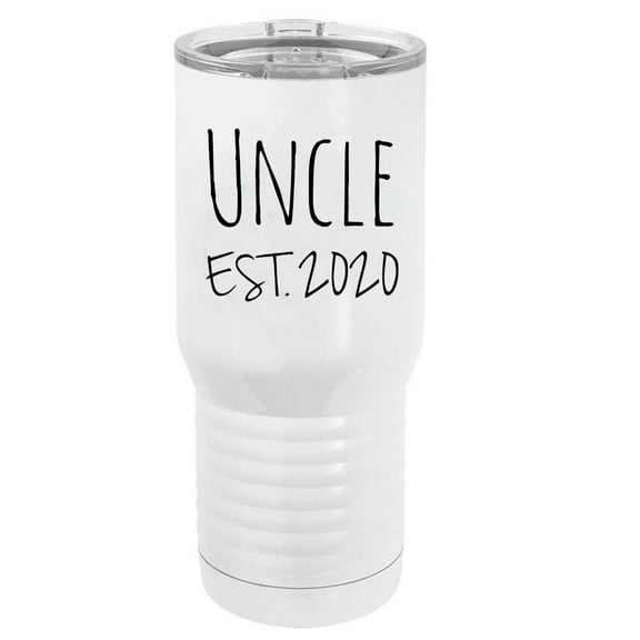 Uncle Est. 2020 Established Stainless Steel Vacuum Double-Walled Insulated 20 Oz Tumbler Travel Coffee Mug with Clear Lid, White