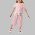 thumbnail image 2 of BLTIBY Girls Summer 2 Piece Outfits Cute Bows Ruffle Ribbed Short Sleeves Tops and Wide Leg Capri Pants Clothing Sets Pink 4-5 Years, 2 of 6