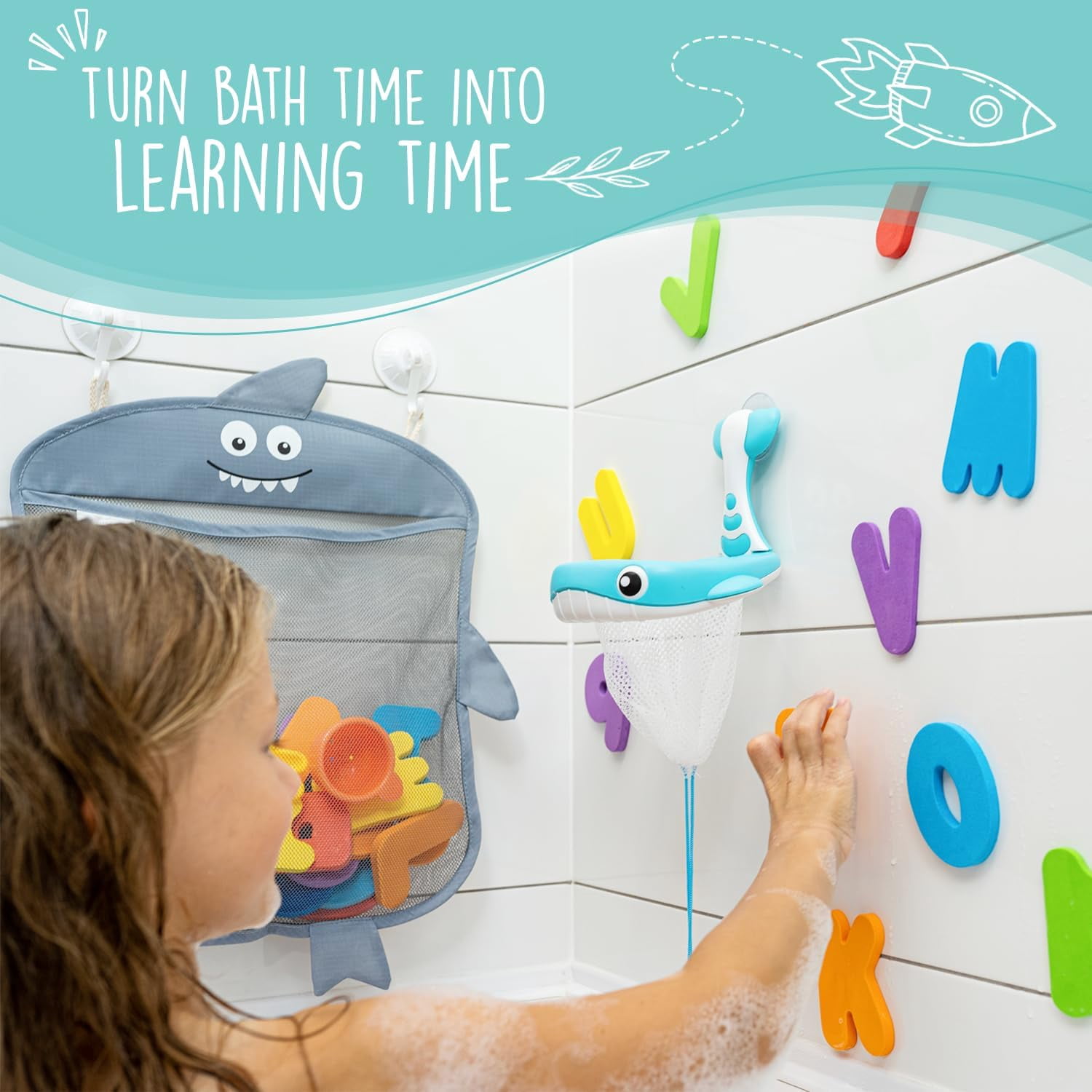 2 x Mesh Bath Toy Organizer With 36 Bath Letters & Numbers , Educational Foam Letters and Perfect Toy Storage Net for Baby Bath Toys