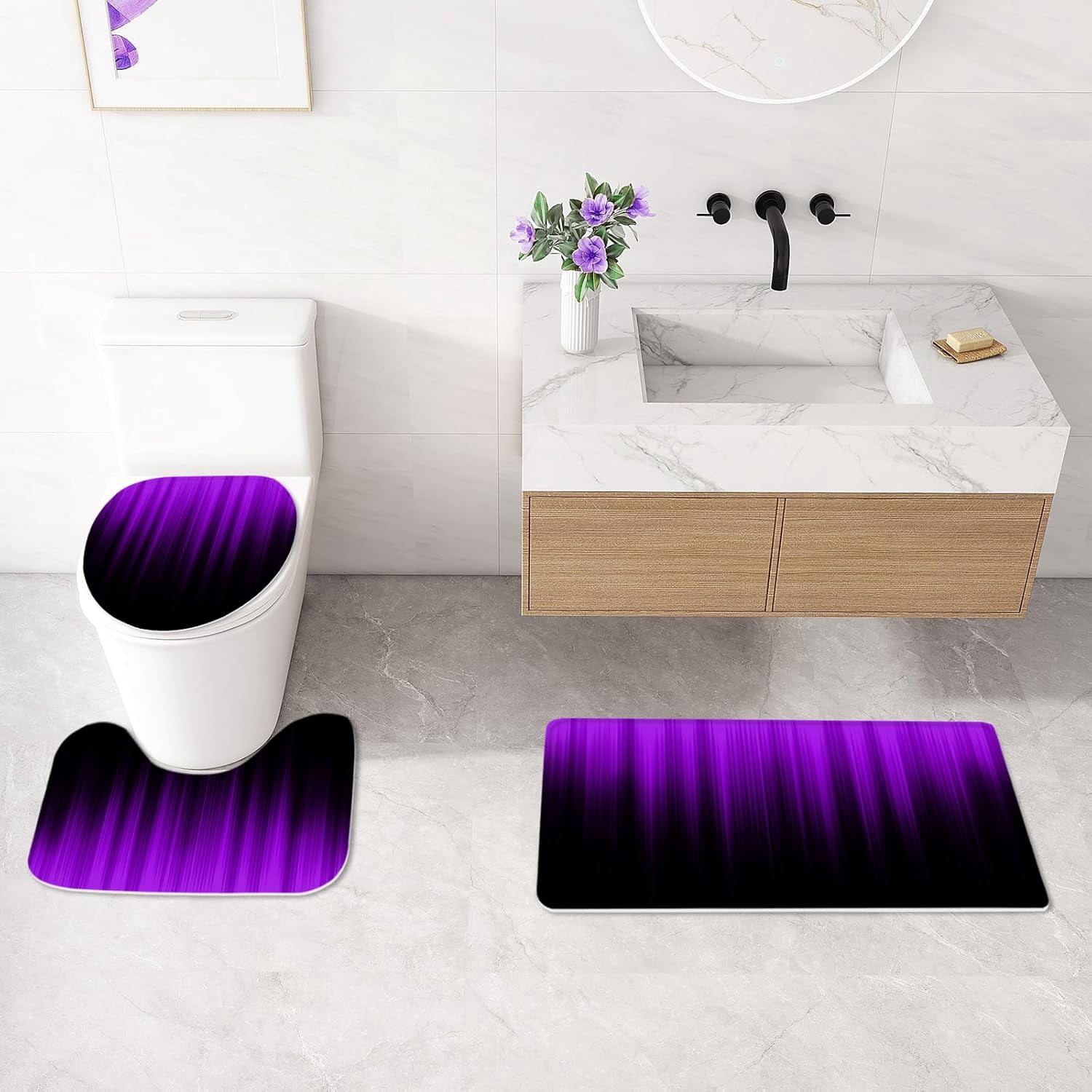 4 Pcs Purple and Black Gradient Shower Curtain Set with Rugs and Toilet Lid Cover, Modern Simple Waterproof Fabric Bathroom Set, Ombre Stripe Gothic Abstract Bathroom Decor Set Accessories