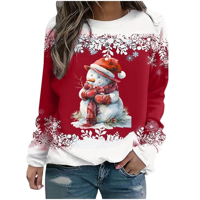 Rbaofujie Sweat à Capuche Surdimensionné pour Femmes Noël Mode Décontractée Imprimé Col Rond Ample Manches Longues Blouse Chandails en Molleton Rouge Halloween