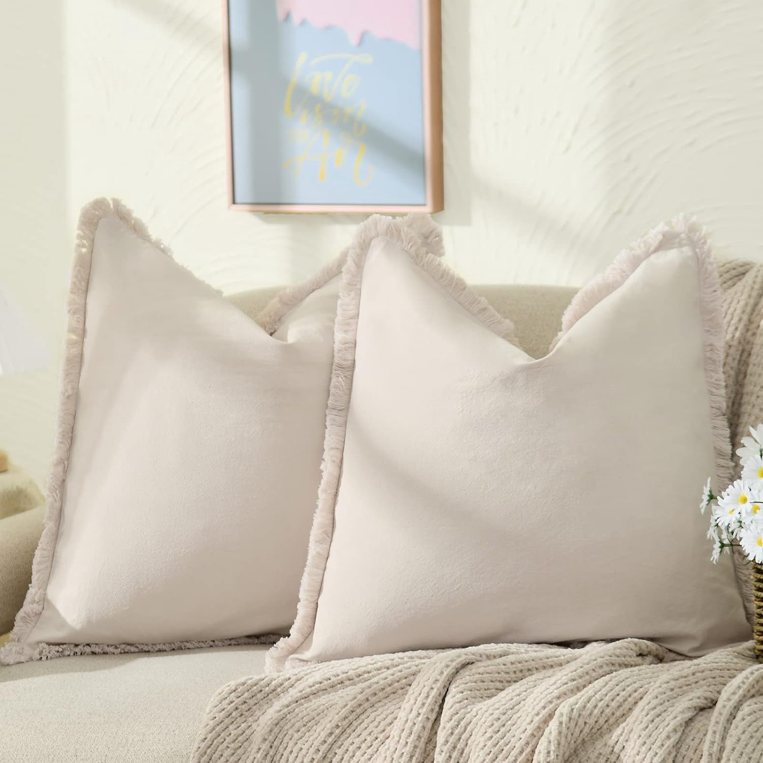 Yumcute Pillow Covers 16x16 Set of 2 Beige Throw Pillow Covers with Fringe Chic Cotton Decorative Pillows Square Cushion Covers for Sofa Couch Bed Boho Decor