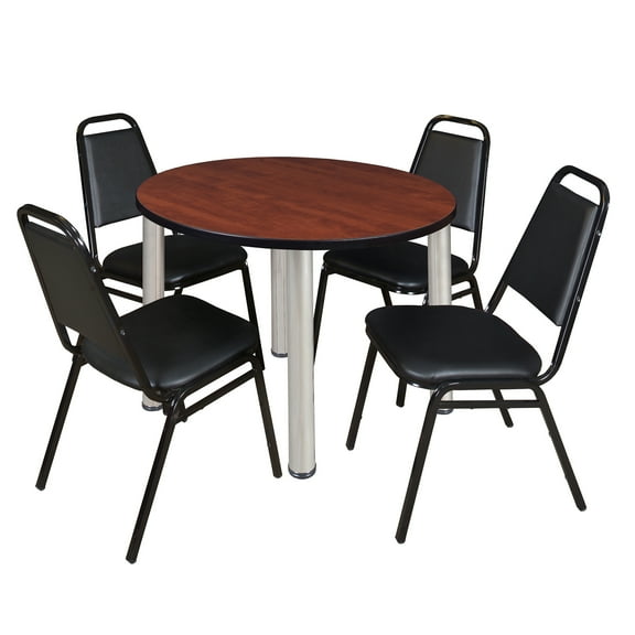 Romig Trek 36 in Round Breakroom Table- Cherry Top, Chrome Legs, 4 Restaurant Stack Chairs