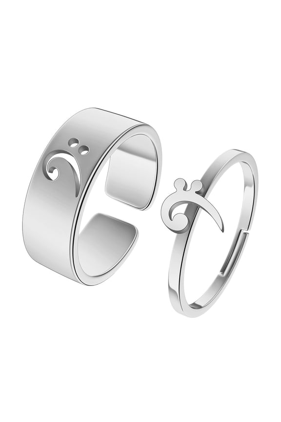 2pcs Bass Clef Couple Set Promise Ring Engagement Wedding Party Matching Adjustable Lover Ring