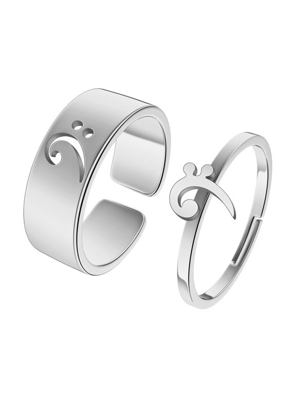2pcs Bass Clef Couple Set Promise Ring Engagement Wedding Party Matching Adjustable Lover Ring