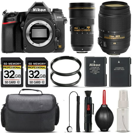 Nikon D780 DSLR Camera with 18-300mm f/3.5-6.3G ED VR Lens + 24-70mm f/2.8E Lens + 64GB Storage + UV Filter + Backup Battery + Case + Cleaning Kit - International Version