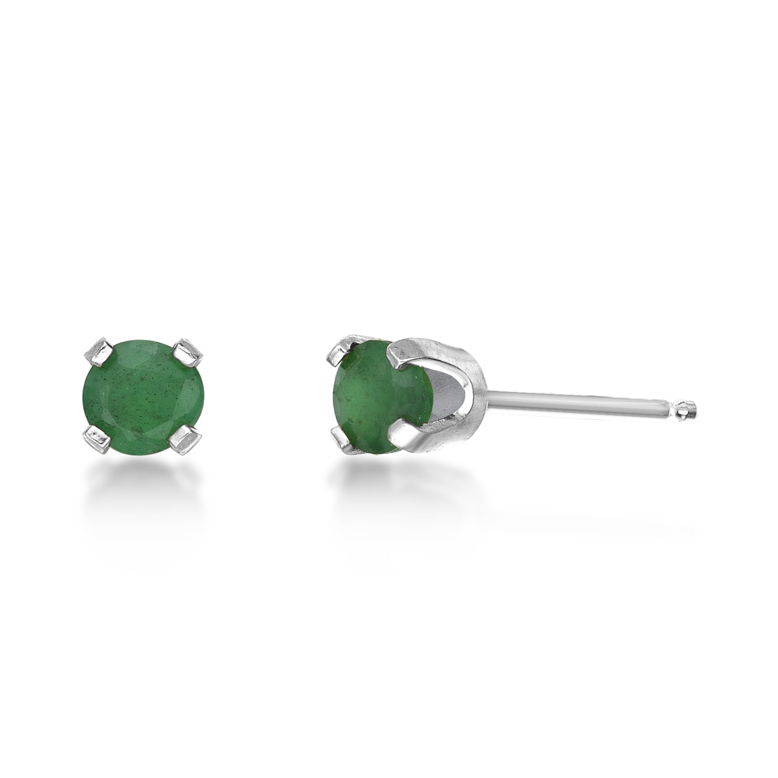14K White Gold Round Emerald Stud Earrings - 4mm - May Birthstone Christmas Gift
