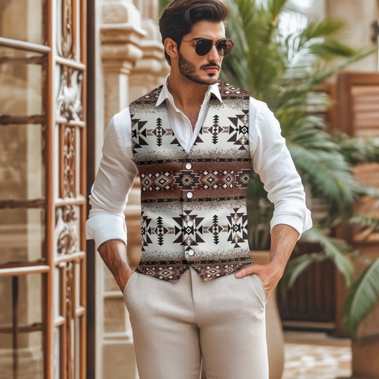 Chririnla Western Mexico Aztec Mens Waistcoat Boho Suit Vest Slim Fit for Men Casual Sleeveless Business Wedding Formal Vest Tuxedo Wear