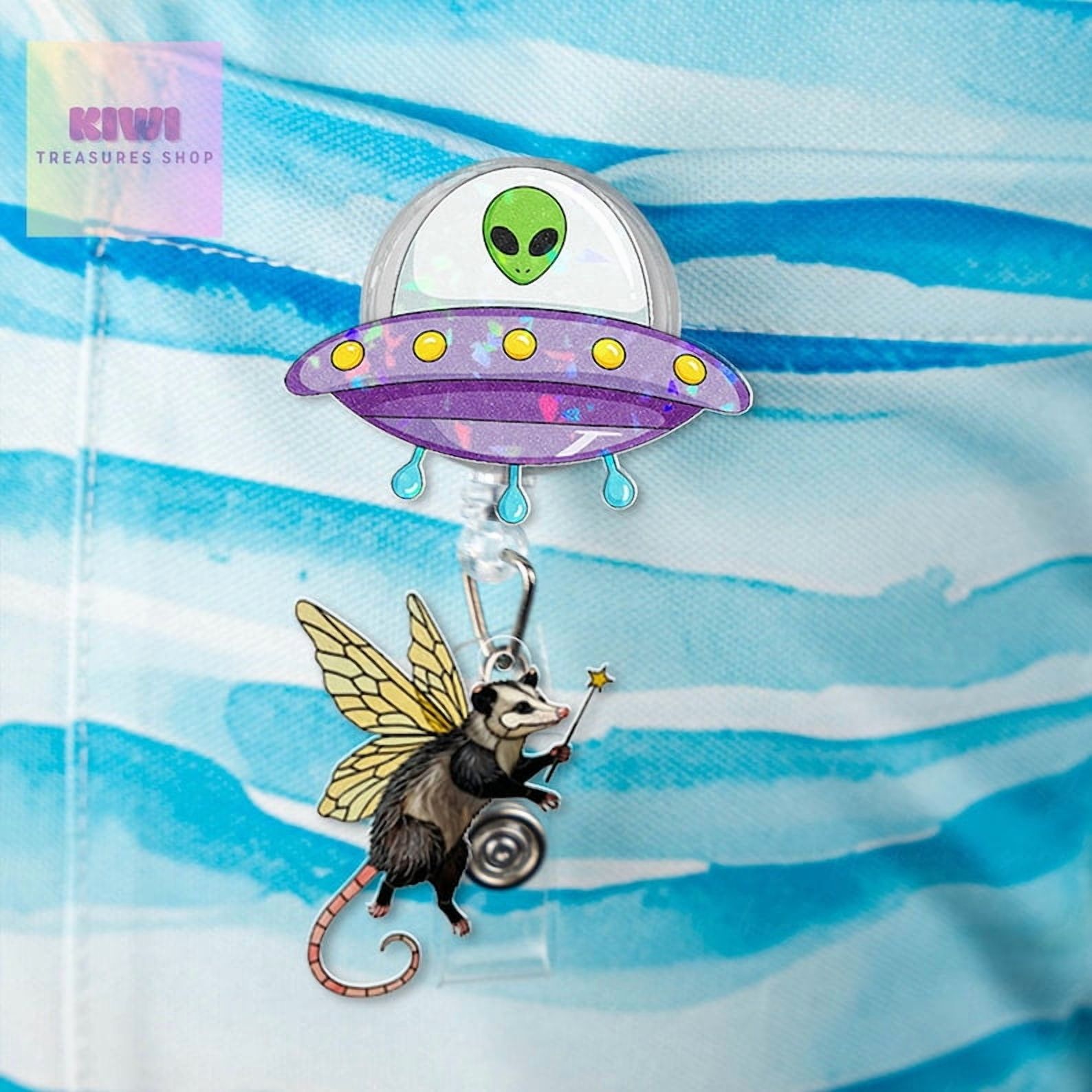 TiniDecor Alien UFO Possum Badge Reel, Retractable Acrylic ID Holder, Cute Gift for Healthcare Workers
