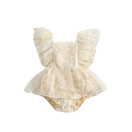 

One opening Baby Girl Mesh Romper Dress Ruffled Fly Sleeve Square Neck Floral Embroidery Jumpsuit Casual Spring Summer Bodysuit