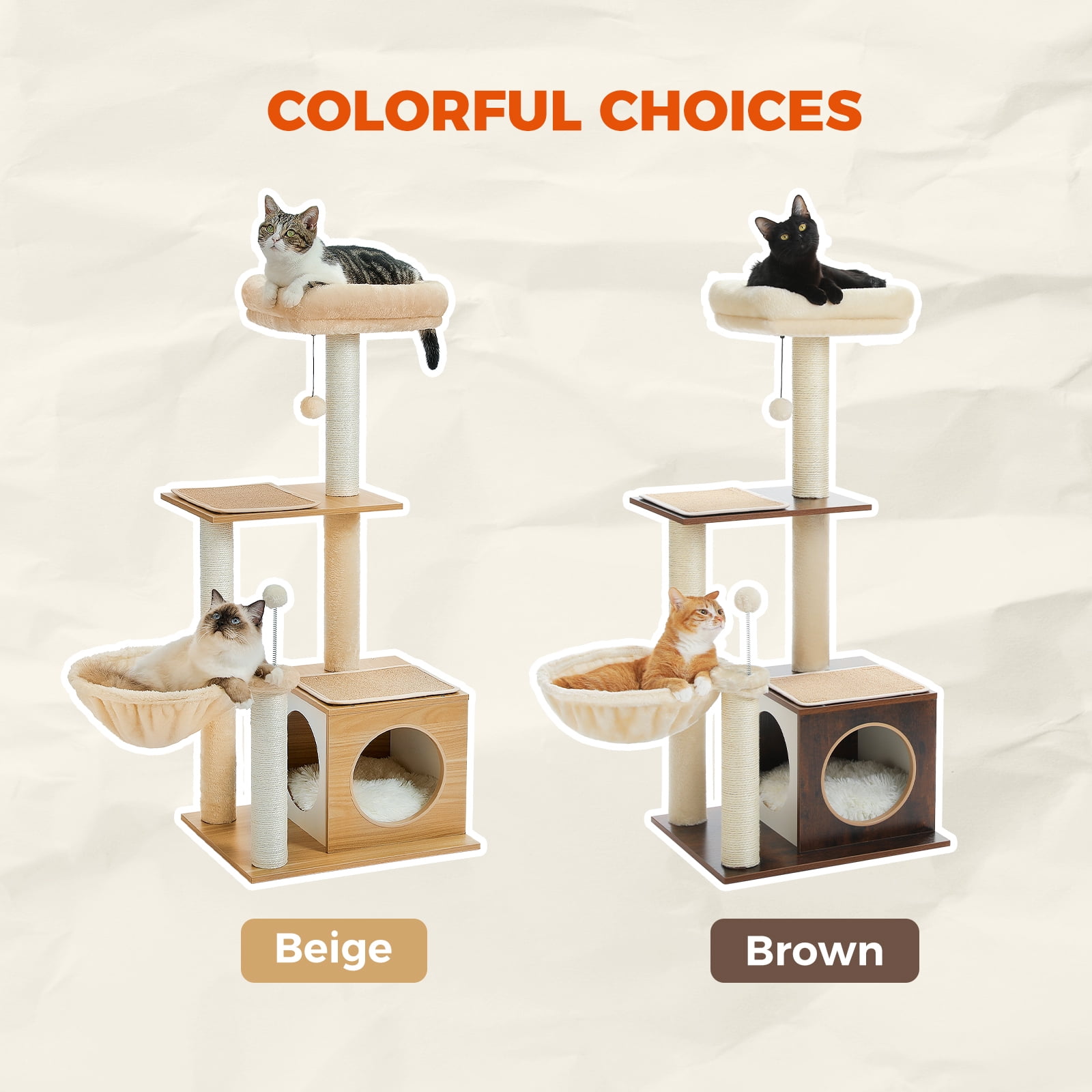Pefilos 43" Modern Cat Tree for Indoor Cats,Multilevel Play House Cat Tower with Cat Condo, Scratching Post, Cozy Hammock and Plush Pompom, Brown