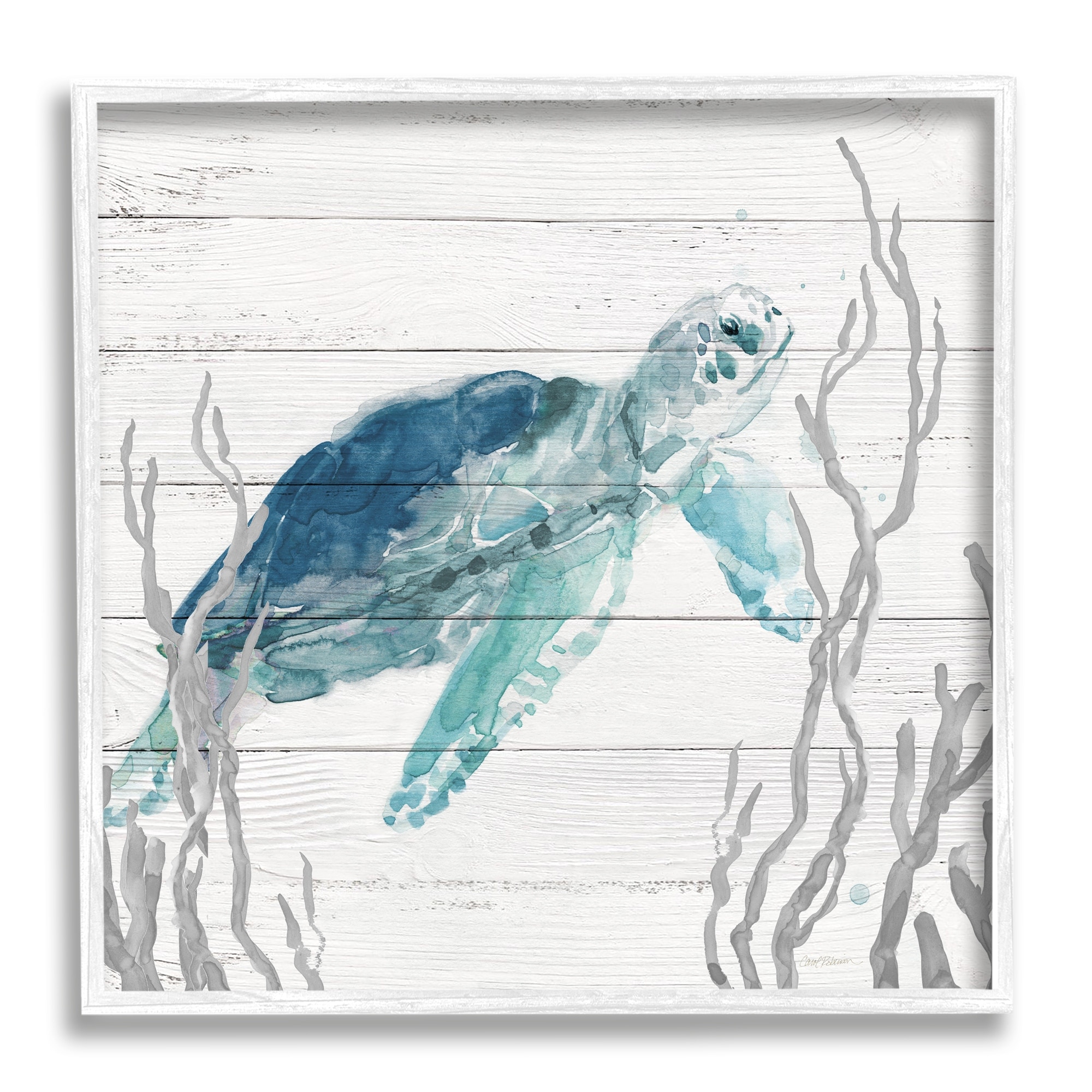 Stupell Industries Sea Turtle Ocean Botanicals Rustic Plank Pattern Graphic Art White Framed Art Print Wall Art, Design by Carol Robinson
