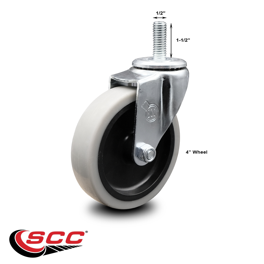 Service Caster 4 Inch Swivel Thermoplastic Rubber Caster and 1/2 13 TPI x 1.5 Threaded Stem