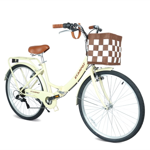 26" Womens Bike 7 Speeds Steel Frame Beach Cruiser Bike Comfort Ladies City Bike, Beige