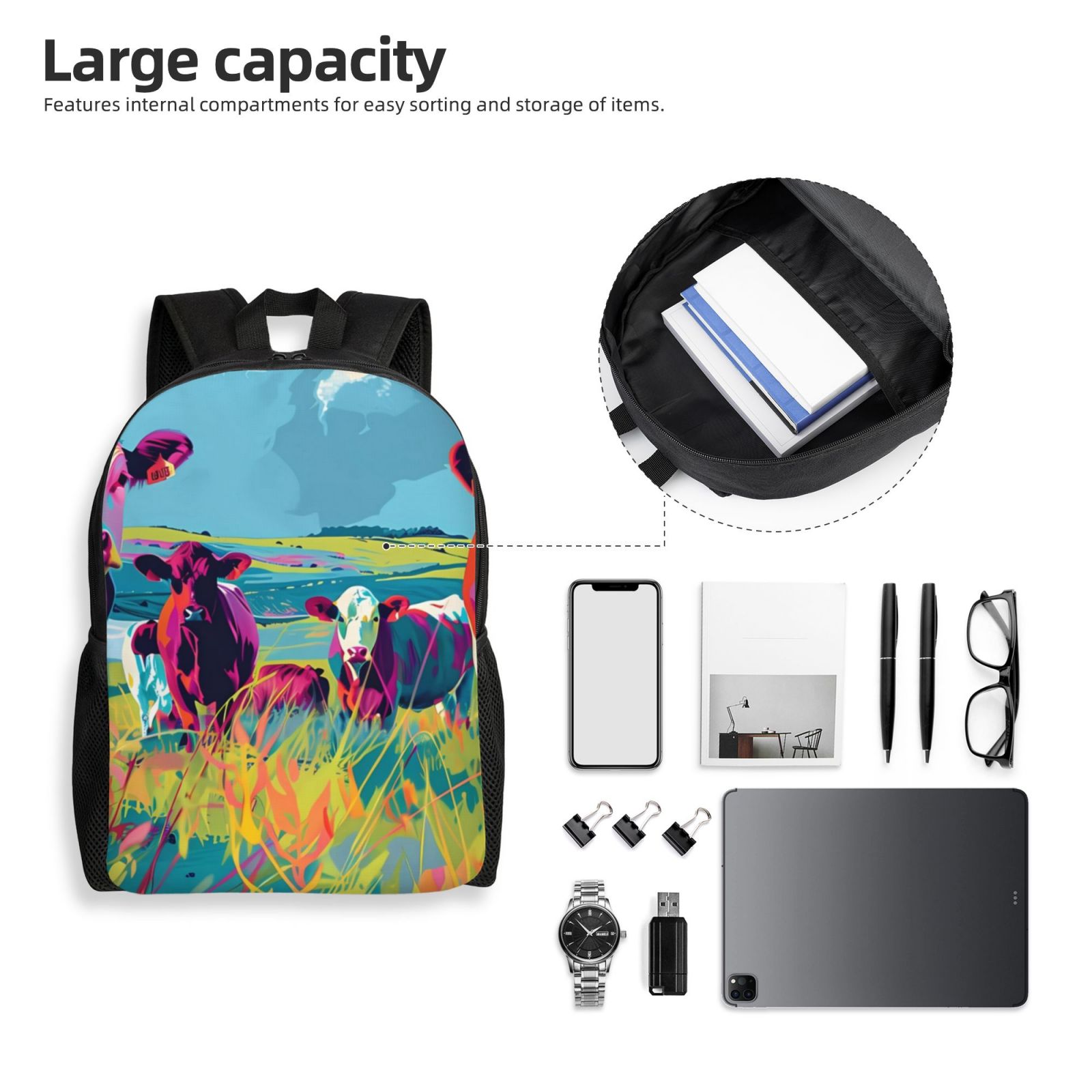 Xecao Pop Art Colorful Cows Print School Backpack with Laptop Compartment Small Travel Laptop Backpack for Women Men Waterproof College Backpack Simple School Bag