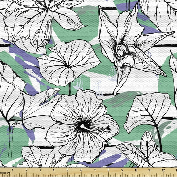 Floral Fabric by the Yard, Drawings of Exotic Flowers and Island Leaves, Upholstery Fabric for Dining Chairs Home Decor Accents, Shamrock Green White by Ambesonne