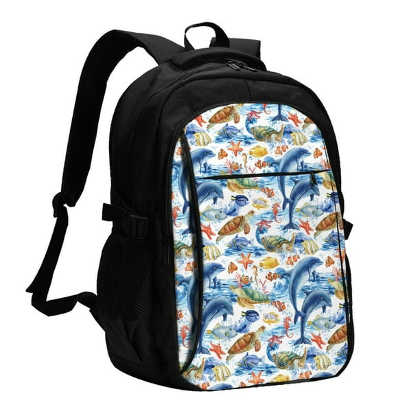 Easygdp Marine Animals Mochila para Laptop de Viaje con Puerto USB, Mochila para Laptop con Puerto de Carga USB para Mujeres y Hombres