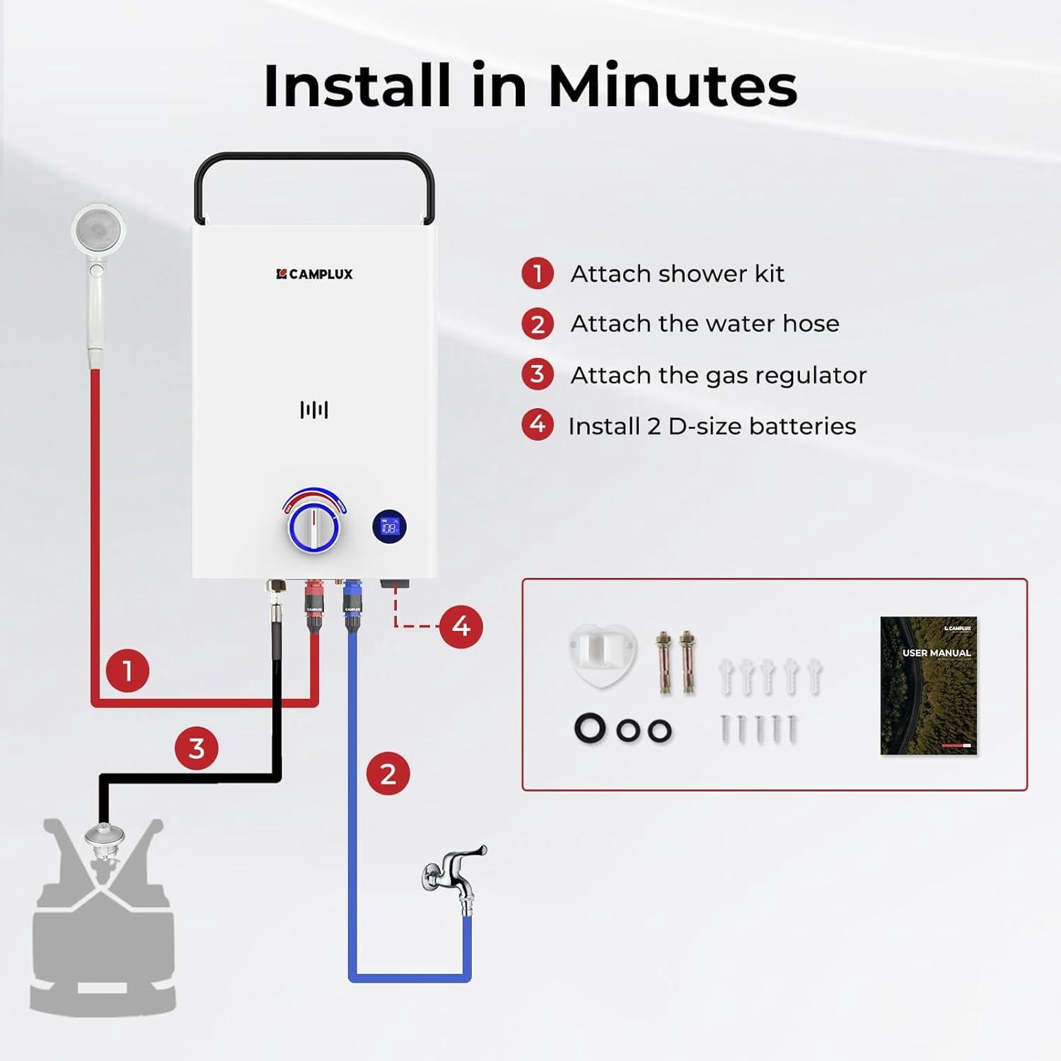 CAMPLUX First 2.64GPM 68,000 BTU Portable Propane Outdoor Tankless Water Heater F10, Camping Water Heater with LED Digital Display