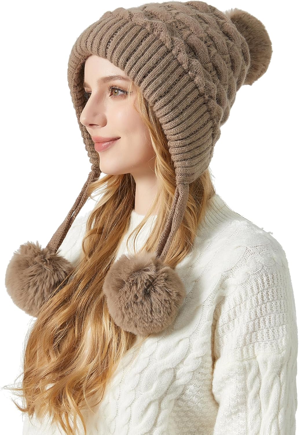 Zhengup XL Size Women Winter Sherpa Beanie Hats Knit Ear Flaps Peruvian Cover Ears Fleece Lined Fluffy Ski Snow Hat Large Head