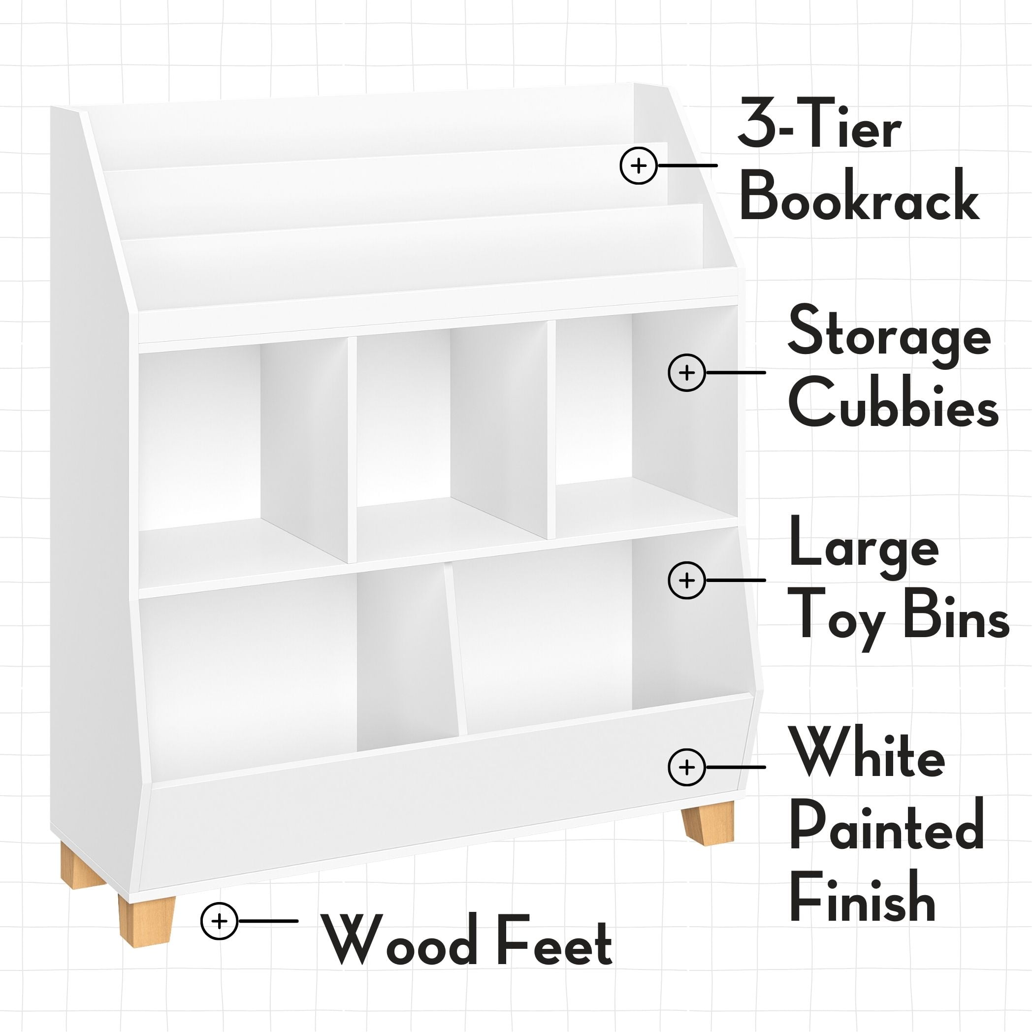 RiverRidge Kids Catch-All 35in Storage Organizer with Cubbies, Bins, and Bookracks - White