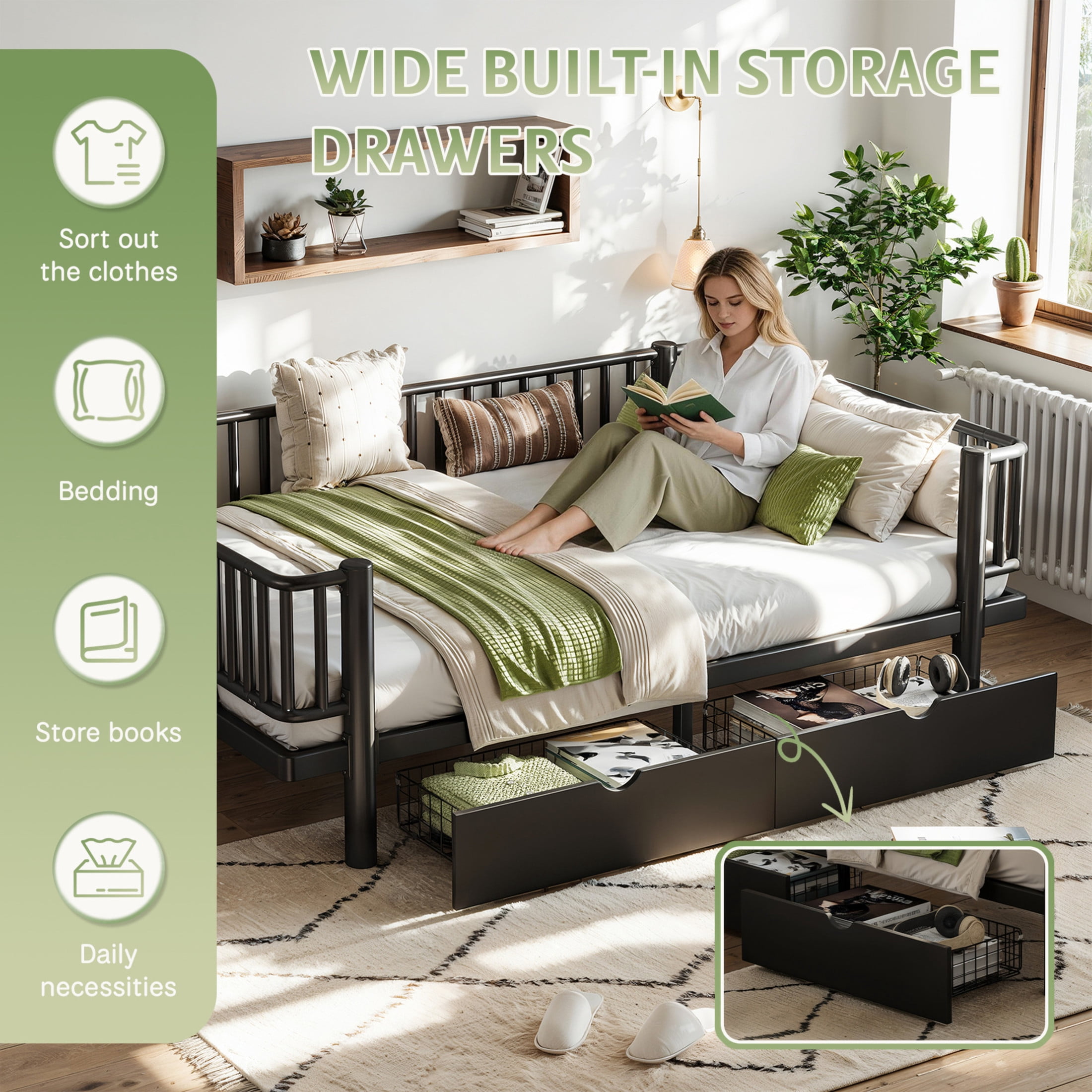 Noble House Full Size Platform Bed with Storage Drawers, Daybed Frame with Round-Pipe Design, Black
