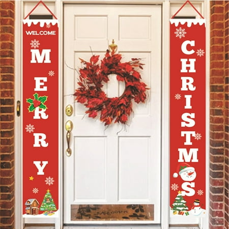 Merry Christmas Fonts Style Merry Christmas Banners, Front Door Welcome Christmas Red Porch Sign Hanging Banner Xmas Decorations for Wall Door Curtain Home Party ()