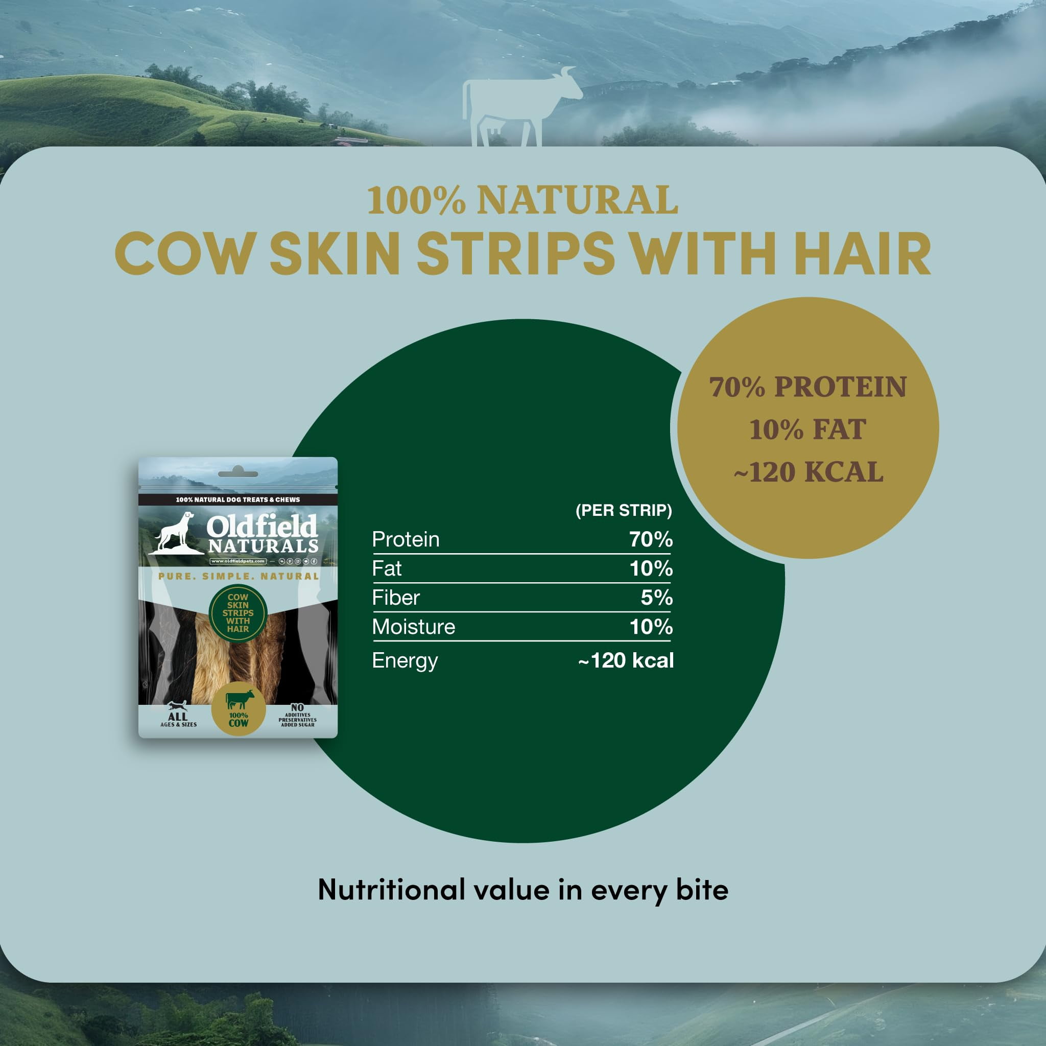 Oldfield Naturals Cow Skin Strips with Hair Dog Treats, Air Dried Beef Dog Treats, Single Ingredient High Protein Collagen Chews for Dogs, Long Lasting Natural Dog Chews, 4 lb 4 oz