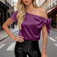 thumbnail image 2 of Inglocry Off The Shoulder Tops for Women Silk Satin Summer Short Sleeve Blouse Shirts Y2K Going Out Top Beach Vacation Dark Purple S, 2 of 6
