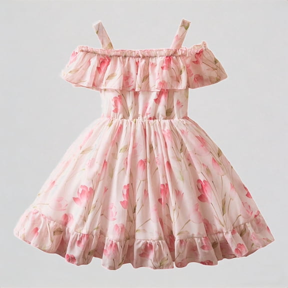 REDARER Girls Off Shoulder Floral Dress with Ruffle Trim & Spaghetti Straps Summer Casual Party Playwear Dress for Kids,2-3 Years