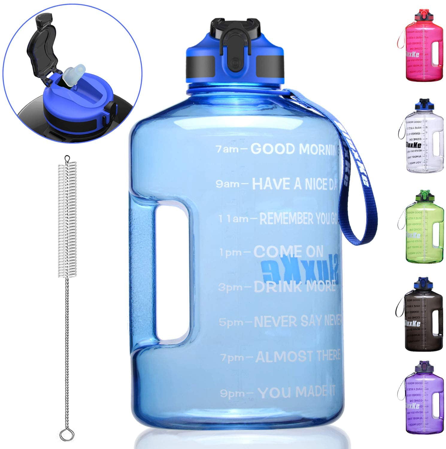 Green & Purple Big 72 Oz Motivational Jug with Time Marker by BOWINR Large Botellas Para Agua for Fitness Drinking for Adults and Teens Half Gallon Water Bottle with 1 Straw 