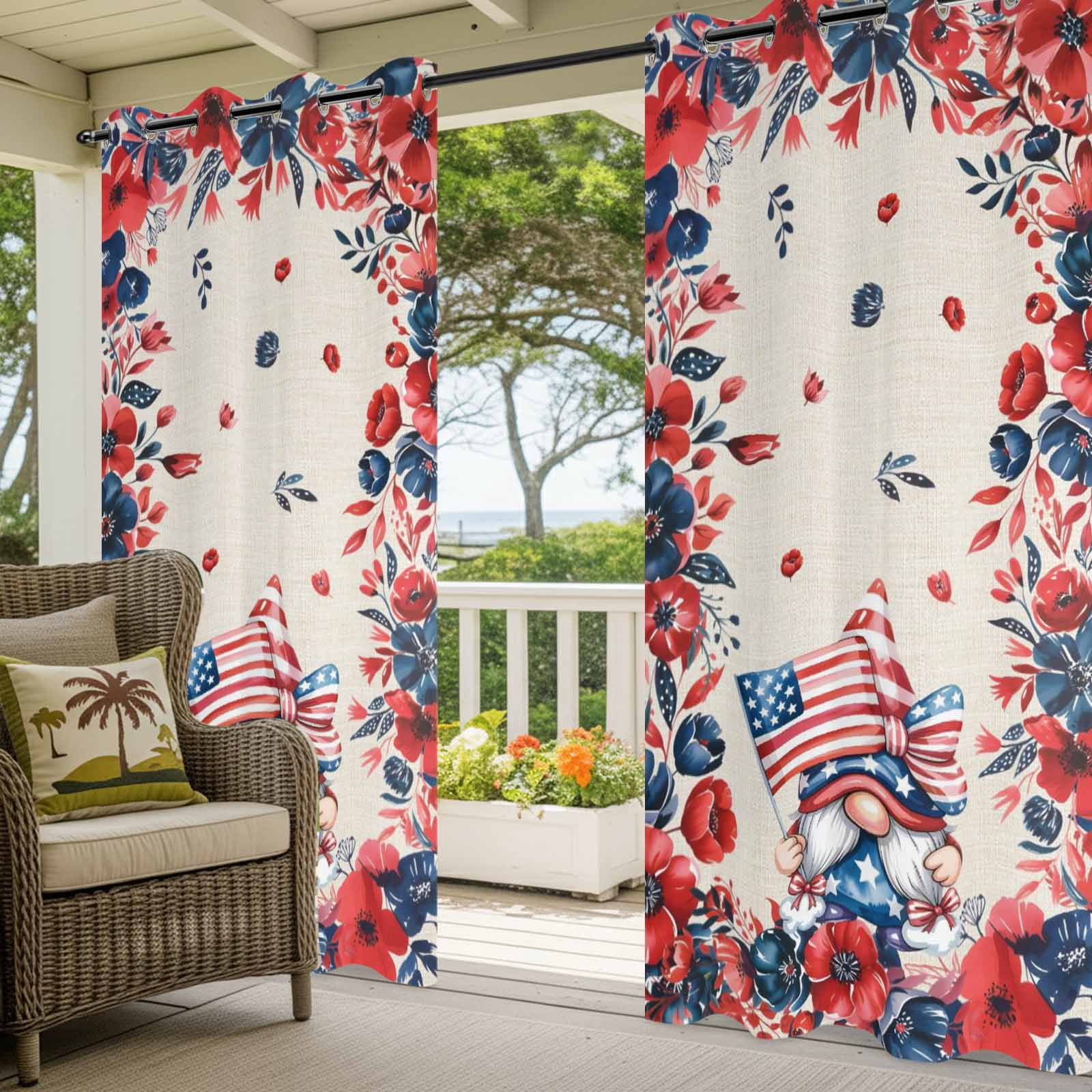 Independence Day Outdoor Curtains for Patio, Vintage Gnome Red Blue Navy Flower U.S. Flag Sunshade Privacy Drapes Grommet Waterproof Outside Curtains for Porch/Cabana/Balcony 54"x 108", 1 Panel