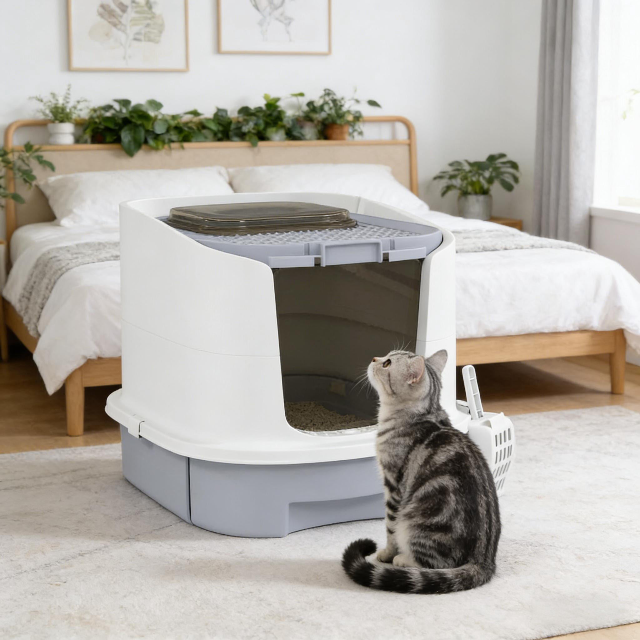 Covered Cat Litter Box with Front Entry Top Exit, Removable Drawer Easy Clean Litter Box with Scoop and 2 Deodorizing Bags, Reversible Door No Assembly Enclosed Cat Toilet for Cats Under 10 lbs